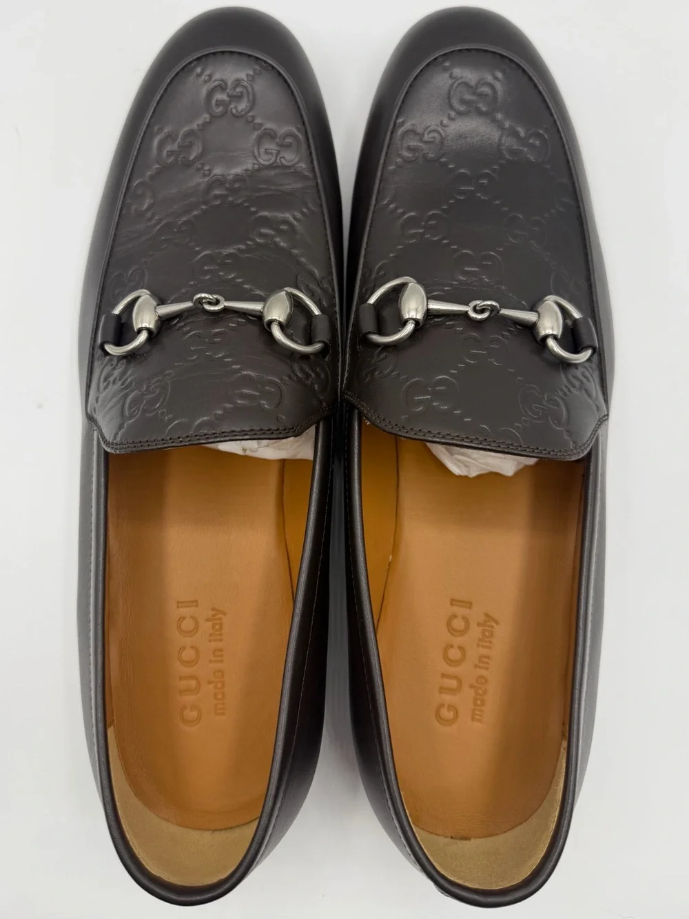 NIB Gucci Men’s GG Logo Monogram Jordaaan Brown Grey Horsebit Slip On Loafers